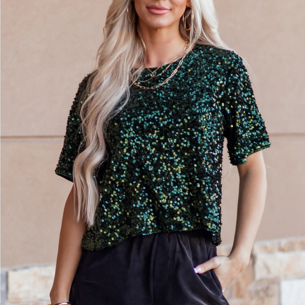 Emerald Sequin Short Sleeve Top